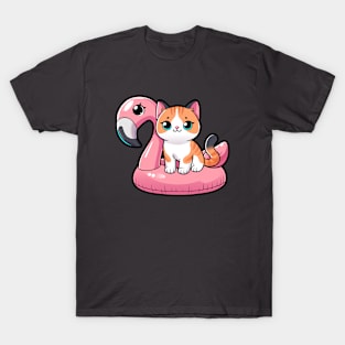 Cute Cat with Flamingo Buoy T-Shirt